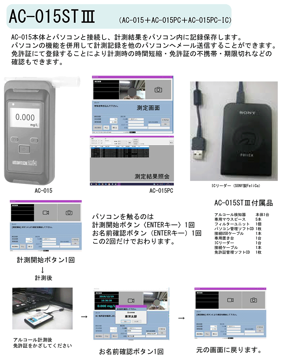 アルコール検知器 パソコン計測管理ソフト IC免許証リーダーセット AC