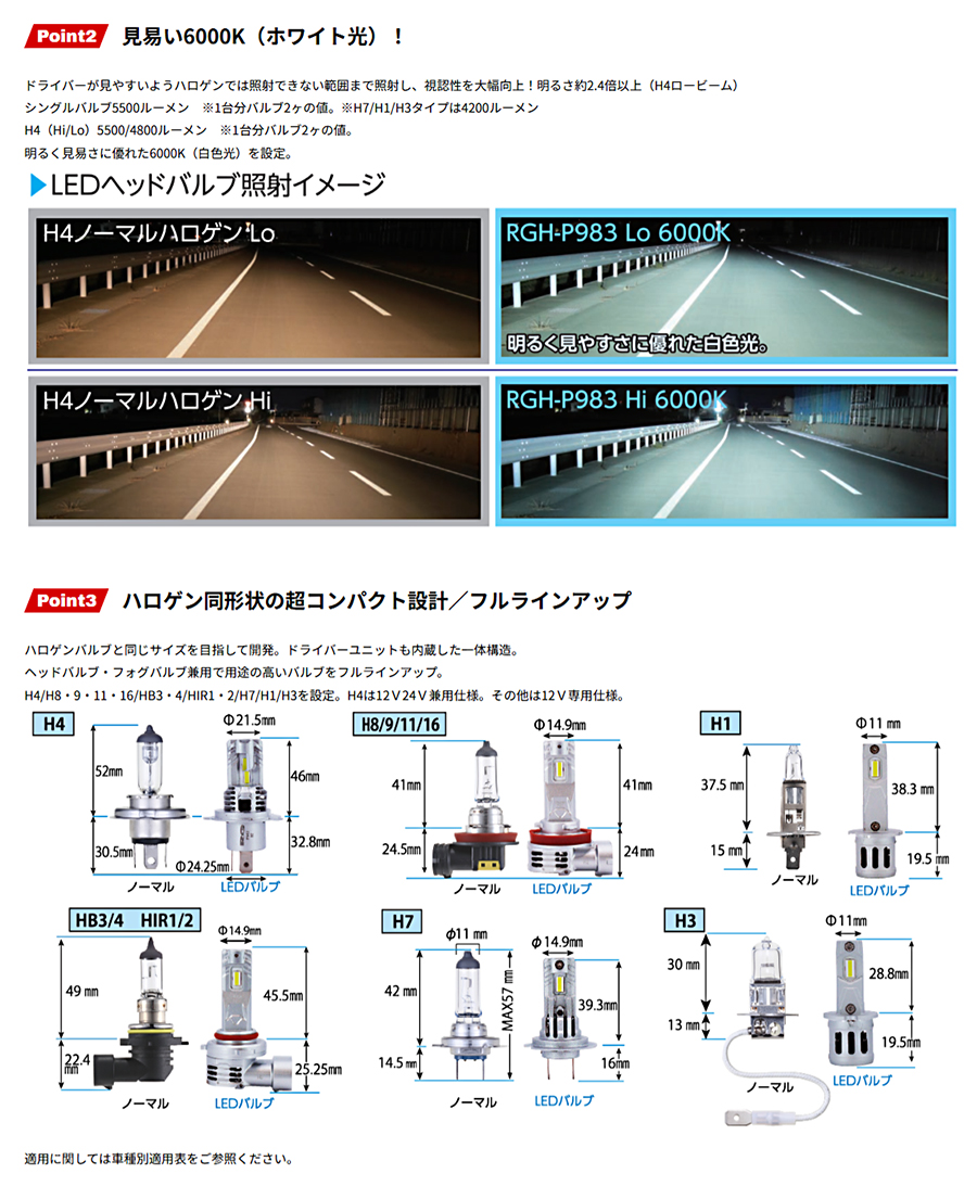 H1 ヘッドランプ フォグランプ RGH-P985 6000K 4200lm 12V 18W