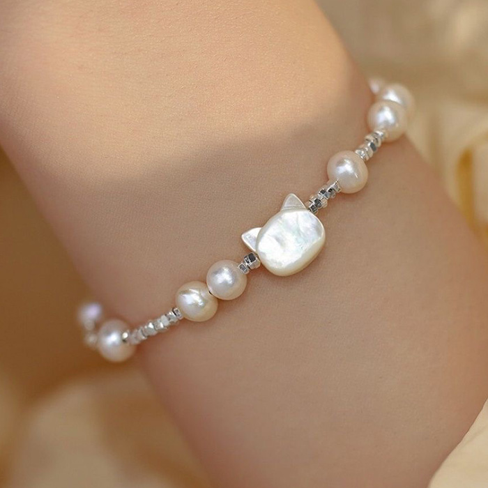 【4mm】高品質淡水パール ＆シルバー925　グリッタービーズ　ブレスレット ブレスレット レディース 淡水パール シェル ネコ シルバー925 パール