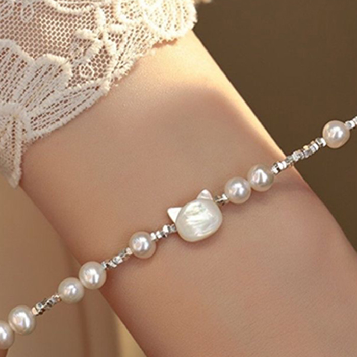 ブレスレット レディース 淡水パール シェル ネコ シルバー925 パール