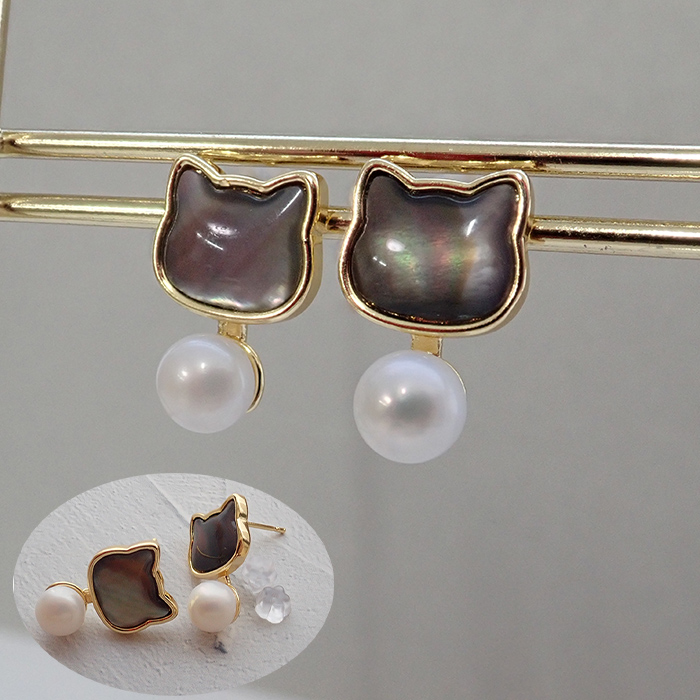 猫モチーフ ピアス アバロンシェル×ホワイトパール 上品アクセサリー