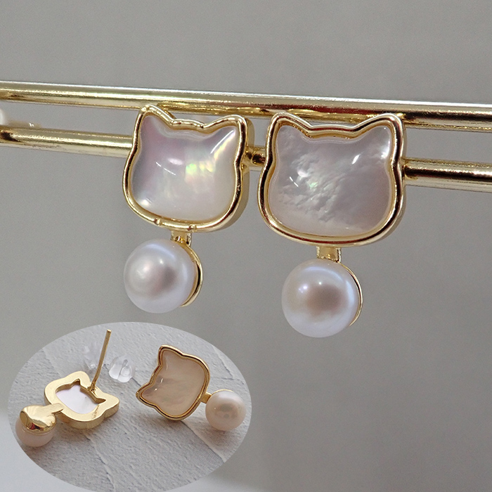 猫モチーフ ピアス アバロンシェル×ホワイトパール 上品アクセサリー
