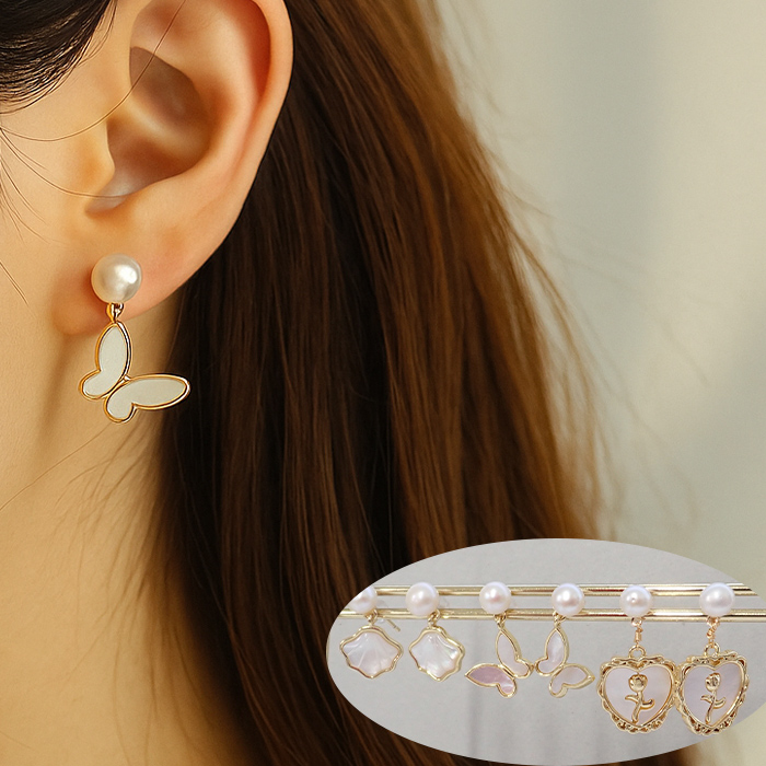 淡水パール ピアス レディース 花・蝶・ハートモチーフ 天然シェル