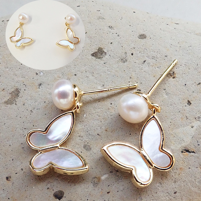 淡水パール ピアス レディース 花・蝶・ハートモチーフ 天然シェル