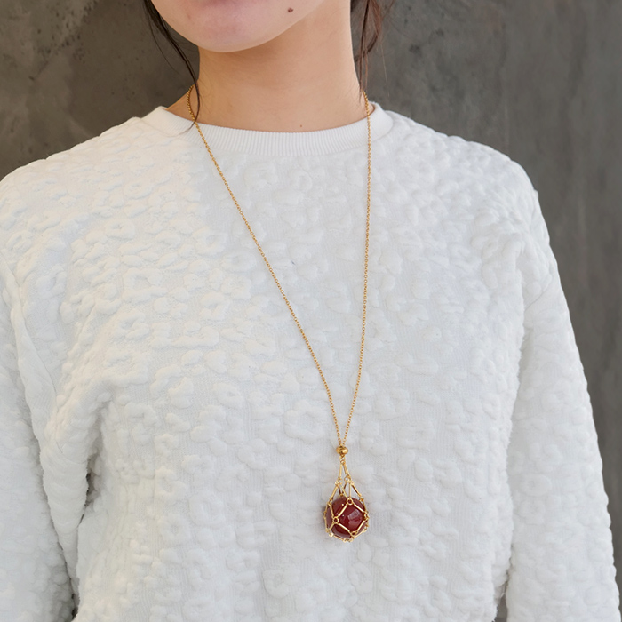 守りの珠 カーネリアン 網かごネックレス 金属アレルギー対応