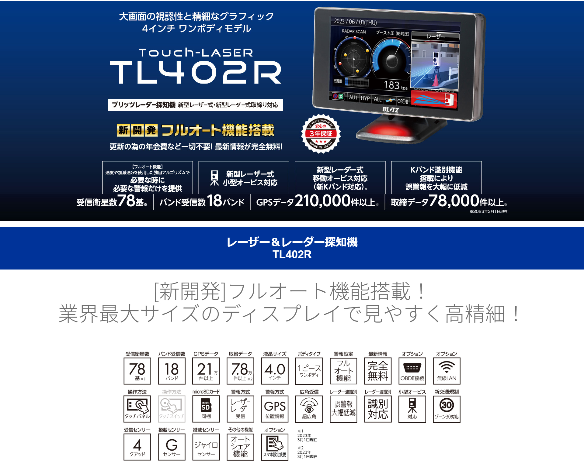 BLITZ Touch-LASER TL402R 新開発フルオート機能搭載！新型レーザー光受信対応/4.0型液晶搭載日本製/3年保証 / OBDII対応/ワンボディ 黒 TL402R｜partsya-san｜04