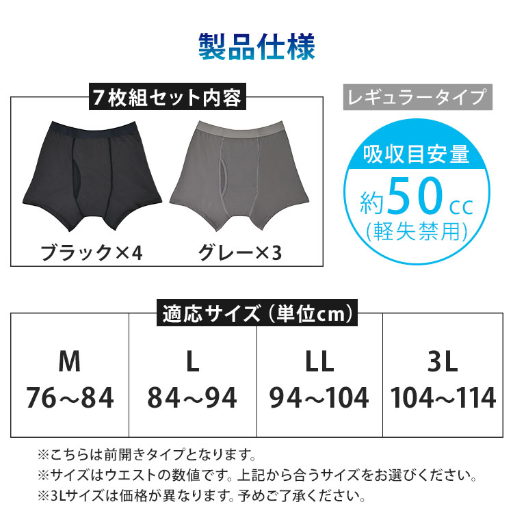 7枚組 接触冷感尿漏れパンツ（メンズ失禁パンツ 尿漏れパンツ 男性用