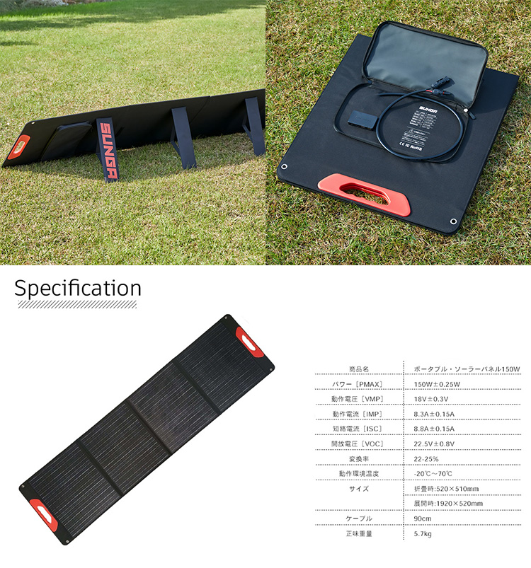 SUNGA ポータブルソーラーパネル 150W セット ポータブル電源 1500W