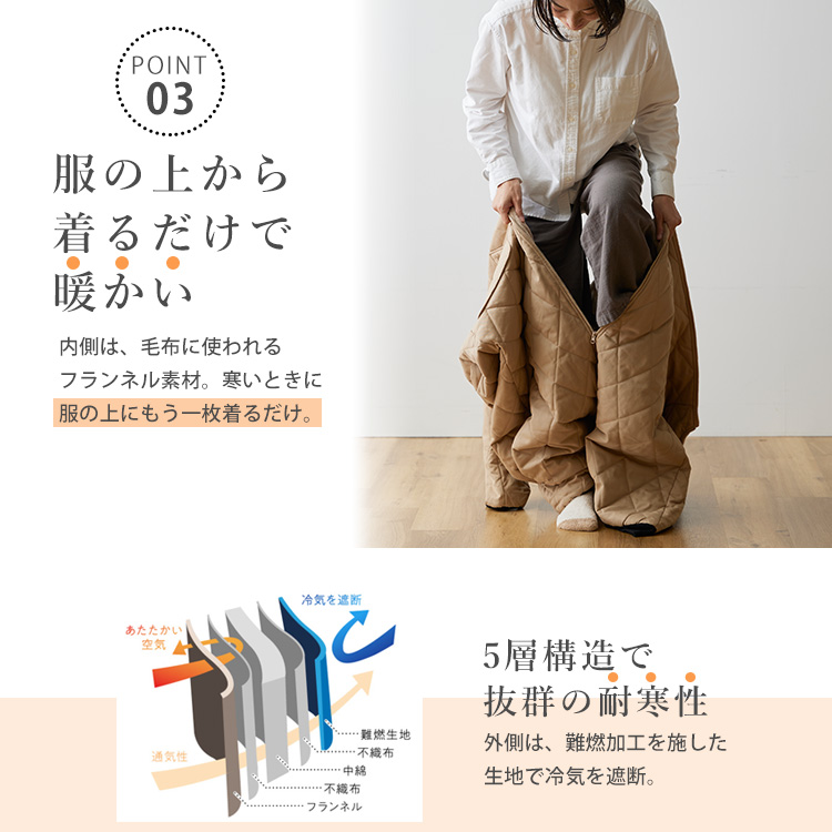 難燃仕様の着る寝袋　アウトドアでも使えます　ベージュ色　フリーサイズ 着る毛布が進化！アウトドア版 難燃仕様の着る寝袋→動ける