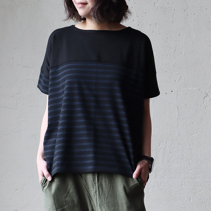 着痩せ カットソー ボーダー tシャツ レディース 着痩せ ワイド ボートネック カジュアル 綿100 コットン 半袖 パネル パティ Souple スプル (メール便50) | PATY | 01