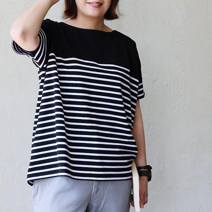 着痩せ カットソー ボーダー tシャツ レディース 着痩せ ワイド ボートネック カジュアル 綿100 コットン 半袖 パネル パティ Souple スプル (メール便50) | PATY | 02