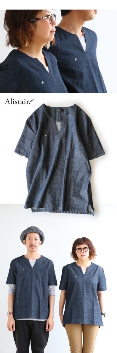 シャツ 半袖 キーネック デニム デニムシャツ プルオーバー 配色 ワンポイント 刺繍 綿100 メンズ レディース カジュアル 半袖シャツ 無地 夏 夏服 40代 50代 Paty