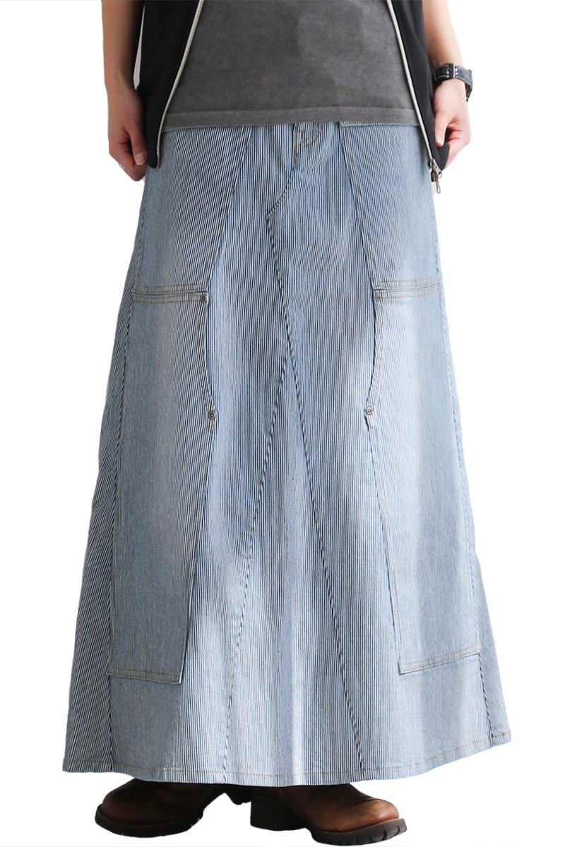 スカート マキシ丈 フレア ロング ストレッチ ヒッコリー ストライプ デニム リメイク風 ポケット レディース Alistair Paty 通販 Paypayモール