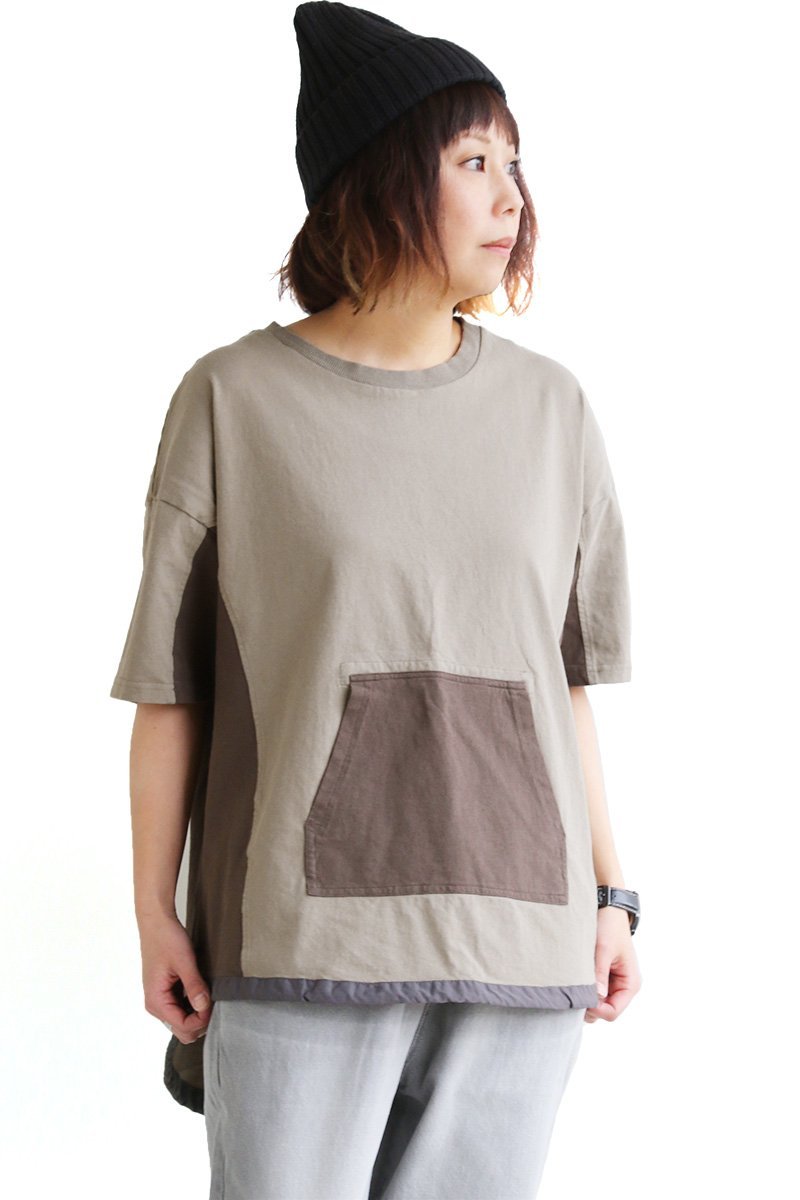 Ｔシャツ 半袖 5分袖 半端袖 同色 切り替え カンガルー ポケット リメイク風 ドロップショルダー レディース  KAKELA＆TRANQUIL | PATY | 01