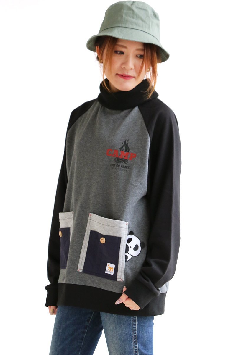 トップス トレーナー 長袖 タートル リブタートル スウェット スエット 裏毛 キャンプファイヤー プリント パンダ 多ポケット PANDIESTA JAPAN | PATY | 01