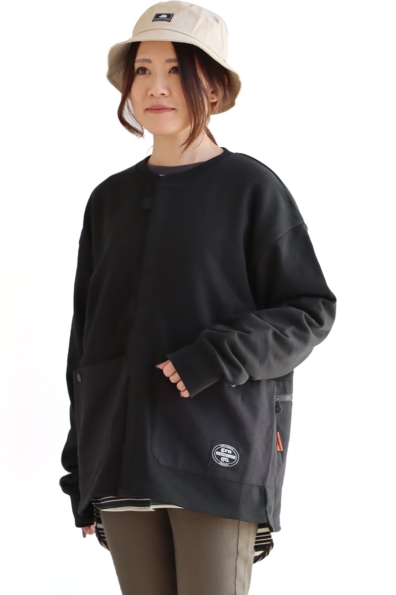 カーディガン メンズ レディース 長袖 スウェット トレーナー 羽織 マジックテープ ベルクロ 異素材切り替え ビッグポケット 米綿 裏毛 grn | grn | 01