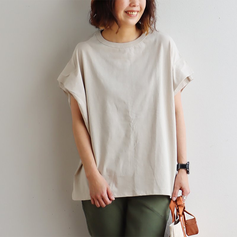 開催中-Tシャツ レディー•ス 半袖 コットン 綿100％ 夏 袖 フリル フレアー ドルマン ボートネック カットソー 二の腕 お尻 Souple  スプル レディースF(M-XL) B45/L.ベージュ•