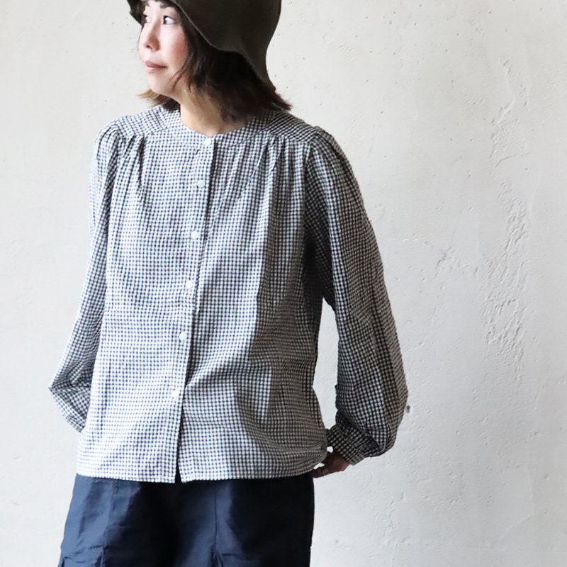 プルオーバーシャツ ノーカラー シャツ 長袖 レディース 着痩せ ギンガムチェック 綿100％ コットン 薄手 体型カバー カジュアル | PATY | 01