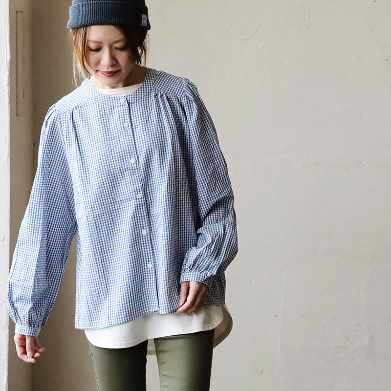 プルオーバーシャツ ノーカラー シャツ 長袖 レディース 着痩せ ギンガムチェック 綿100％ コットン 薄手 体型カバー カジュアル | PATY | 02