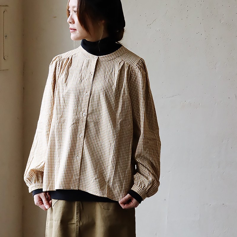 プルオーバーシャツ ノーカラー シャツ 長袖 レディース 着痩せ ギンガムチェック 綿100％ コットン 薄手 体型カバー カジュアル | PATY | 04