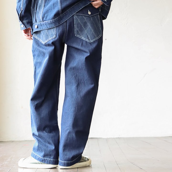 パンツ ストレート レディース ジーンズ ワーク ウエスト 紐 10オンス ノンストレッチ ジャガードデニム ワイド BLUETO ブルート | PATY | 01