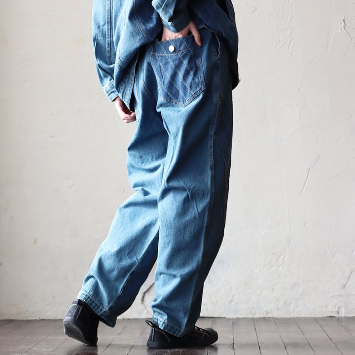 パンツ ストレート レディース ジーンズ ワーク ウエスト 紐 10オンス ノンストレッチ ジャガードデニム ワイド BLUETO ブルート | PATY | 02