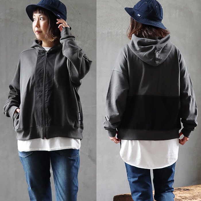 パーカー 長袖 レディース 異素材切り替え フード付き 配色 コットン 裏毛 大きいサイズ ゆったり カジュアル メンズライク GENTIL ジャンティ | PATY | 01