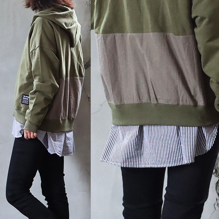 パーカー 長袖 レディース 異素材切り替え フード付き 配色 コットン 裏毛 大きいサイズ ゆったり カジュアル メンズライク GENTIL ジャンティ | PATY | 02