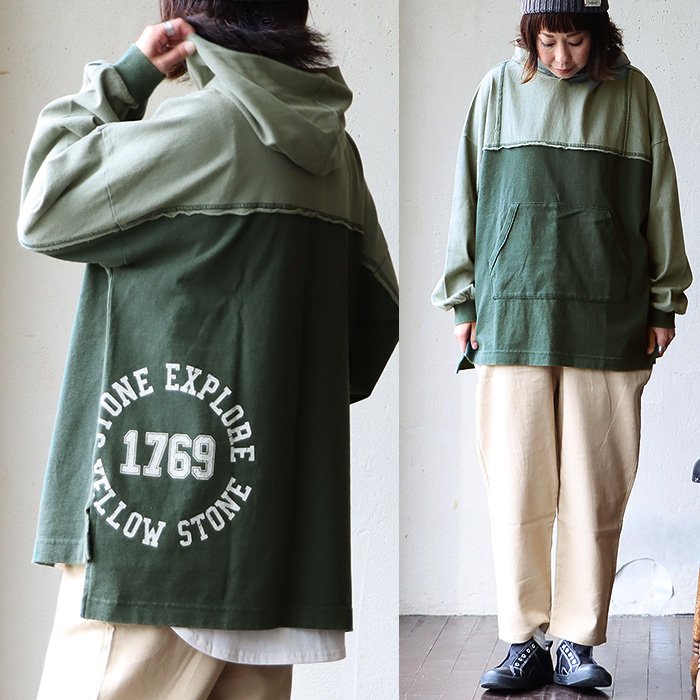 チュニック パーカー 長袖 レディース 着痩せ お尻隠れる ワイドシルエット リメイク風 配色切り替え ステッチ バックプリント GENTIL ジャンティ | PATY | 02