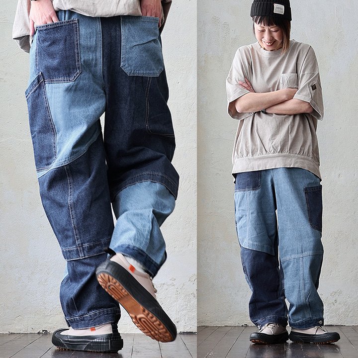 PATY デニムパンツ ストレート ワイド レディース リメイク風 パッチ 