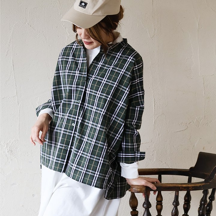 PATY チェックシャツ 9分袖 レディース バンドカラー 着痩せ お尻