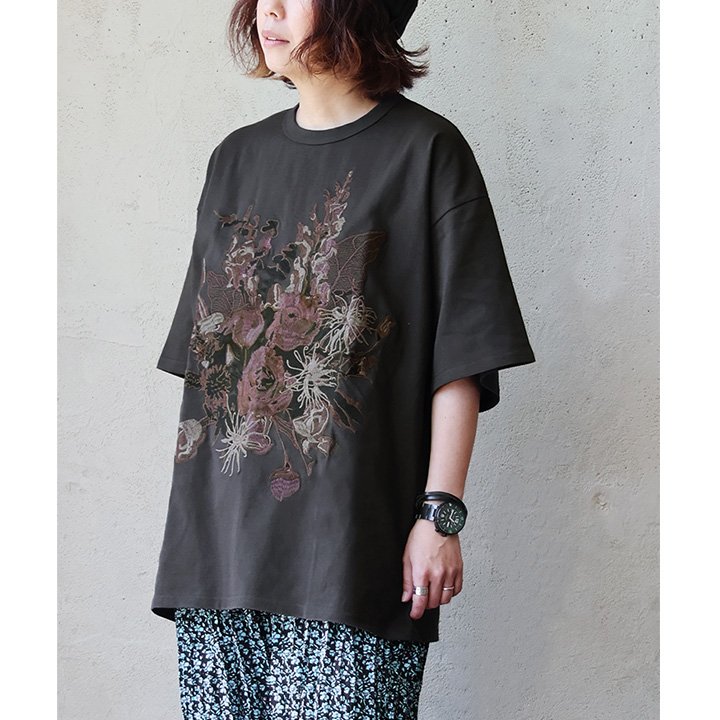 PATY Tシャツ 5分袖 レディース クルーネック 花 刺繍 夏 綿100