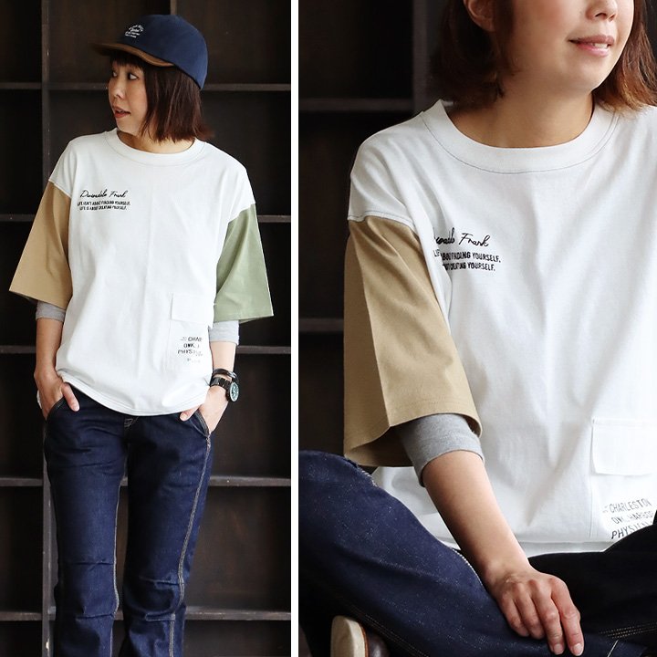 Ｔシャツ 5分袖 レディース クルーネック クレイジー 異素材 ポケット プリント 刺繍 綿100％...