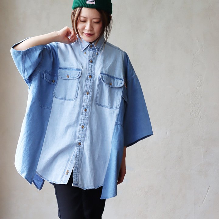 PATY デニムシャツ 半袖 メンズ レディース リメイク 古着 胸ポケット
