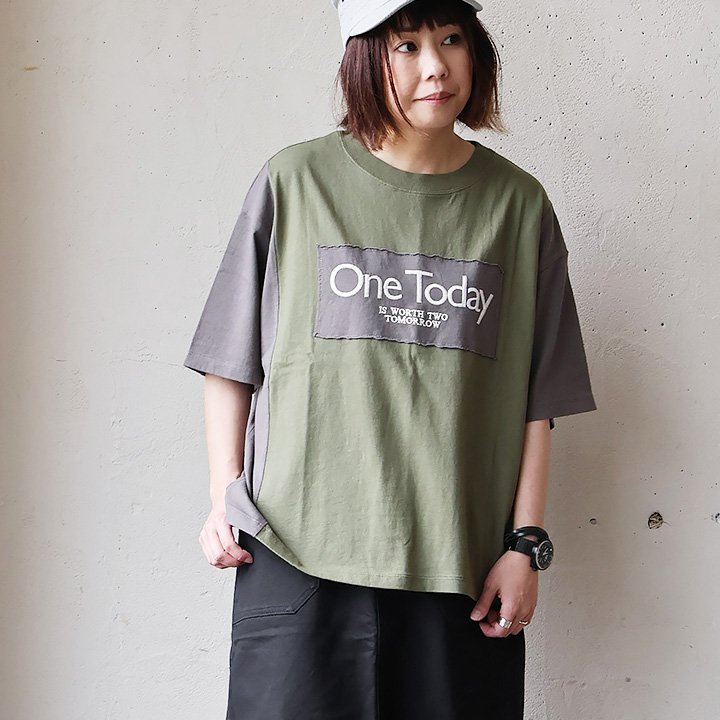 Tシャツ 5分袖 レディース 配色切り替え 刺繍 綿100％ コットン 天竺 伸縮性 ゆったり 大き...