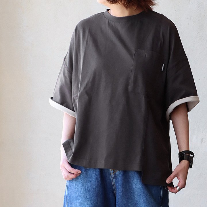 PATY Tシャツ 5分袖 レディース クルーネック 袖裏 配色