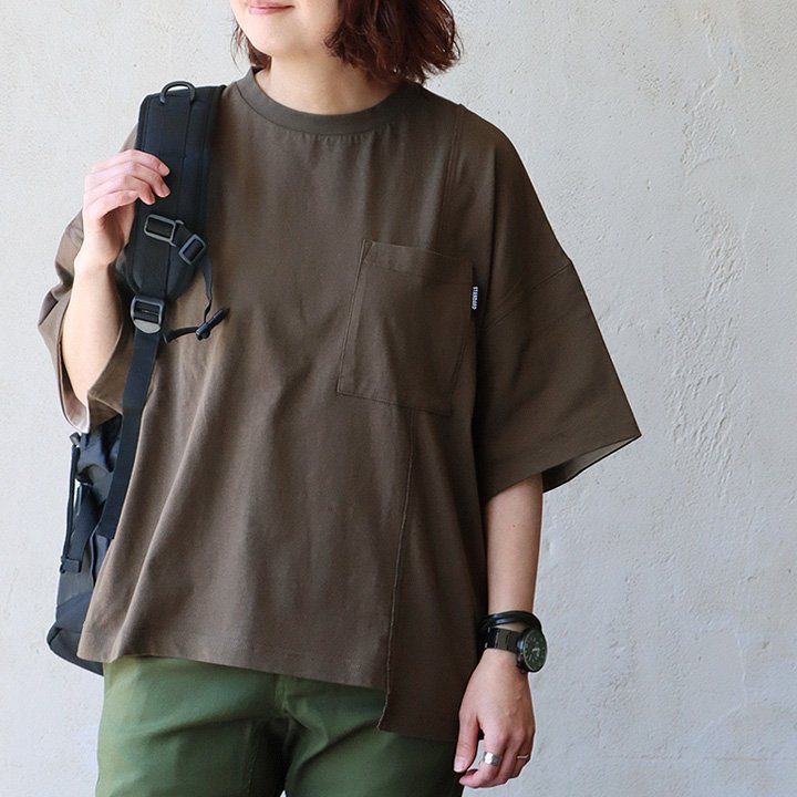 PATY Tシャツ 5分袖 レディース クルーネック 袖裏 配色切り替え 胸