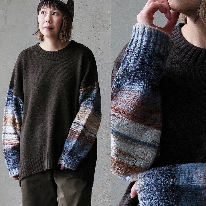 PATY ニット 長袖 レディース クルーネック 袖切り替え アクリル