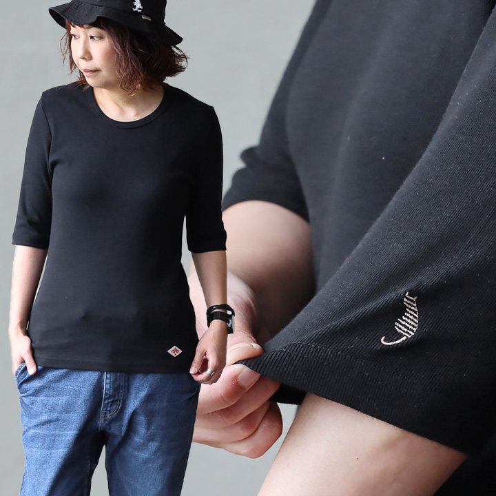 カットソー 五分袖 tシャツ レディース メンズ 猫 刺繍 重ね着 ストレッチ 綿100% コットン スリム 半袖tシャツ 5分袖 PATY(メール便50) | PATY | 01