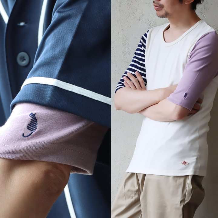 カットソー 五分袖 tシャツ レディース メンズ 猫 刺繍 重ね着 ストレッチ 綿100% コットン スリム 半袖tシャツ 5分袖 PATY(メール便50) | PATY | 02