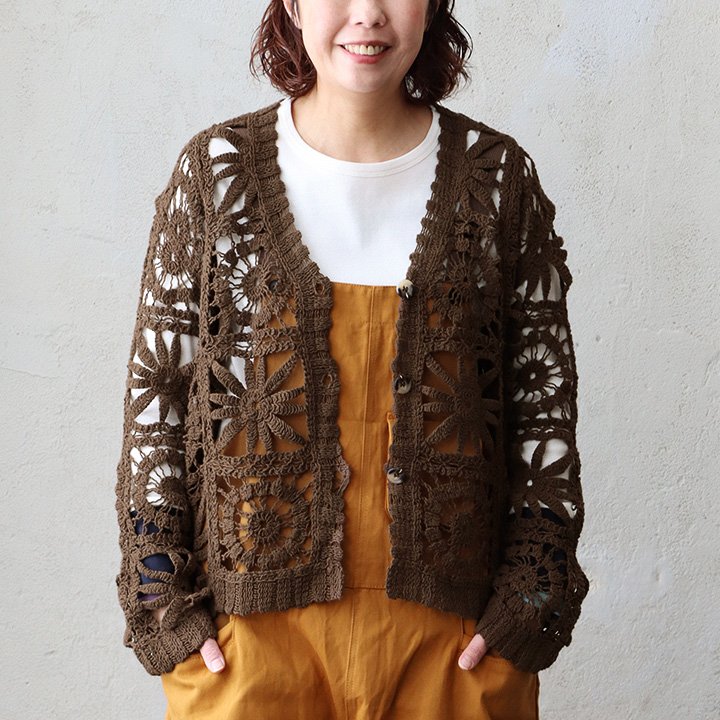 PATY カーディガン 長袖 レディース Vネック 透かし編み レース かぎ針