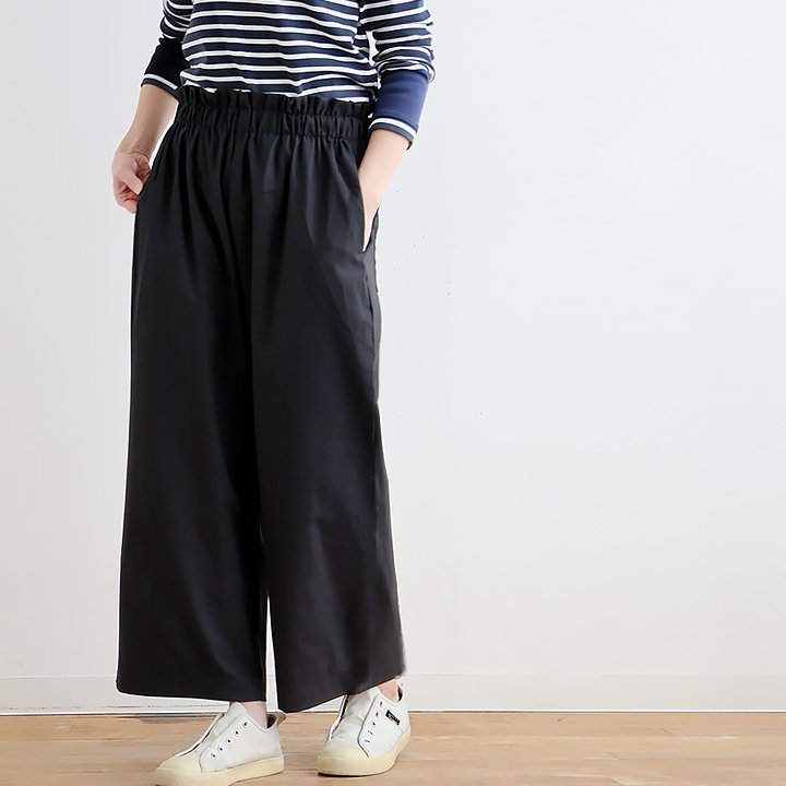 パンツ ワイドパンツ レディース 薄手 綿麻 無地 フリル ハリ しっかり生地 ウエストゴム ゆったり 体型カバー カジュアル パティ COLORK カラック | PATY | 01