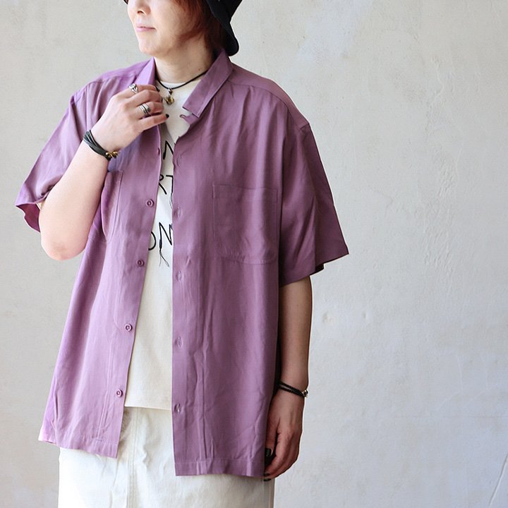 PATY シャツ 開襟シャツ 5分袖 オープンカラー 無地 レーヨン 薄手