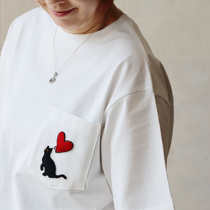 Tシャツ 5分袖 メンズ レディース クルーネック 胸ポケット ハート ネコ ワッペン ワンポイント 綿100 コットン 通気性 ゆったり パティ (メール便50) | PATY | 01