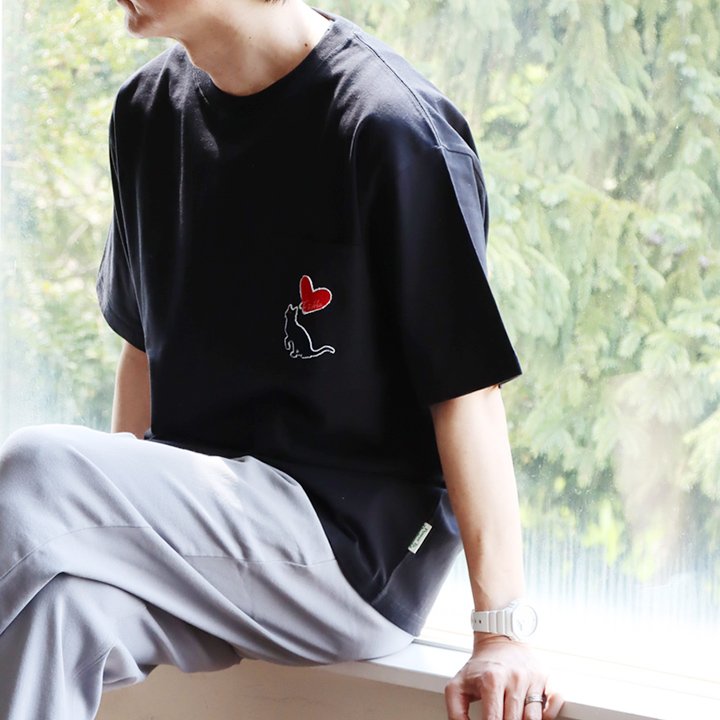 Tシャツ 5分袖 メンズ レディース クルーネック 胸ポケット ハート ネコ ワッペン ワンポイント 綿100 コットン 通気性 ゆったり パティ (メール便50) | PATY | 02