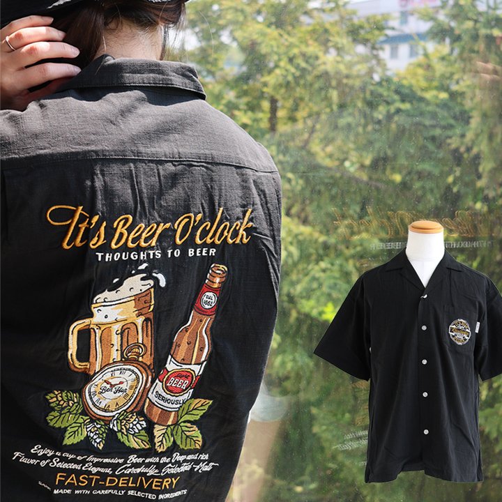 シャツ 開襟シャツ 半袖 メンズ レディース ポリエステル レーヨン リネンタッチ ビール 刺繍 ワンポイント 胸ポケット 薄手 涼しい 通気性 軽い パティ | PATY | 01