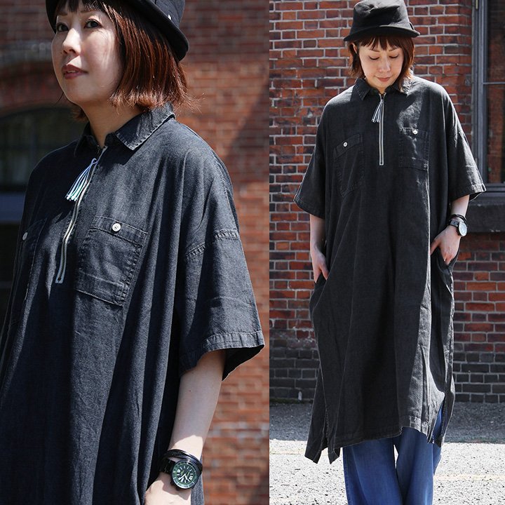 シャツワンピース 半袖 5分袖 ワイド 着痩せ 夏 薄手 デニム ハーフジップ ポケット かっこいい ワーク ミリタリー BLUETO ブルート | PATY | 01