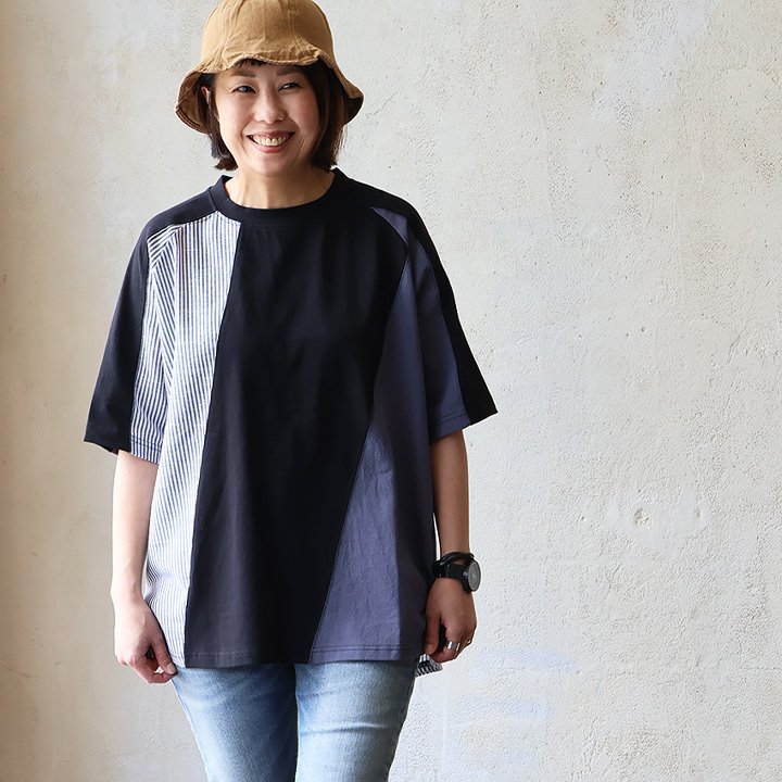 着やせ tシャツ 5分袖 レディース ワイド 異素材切り替え クレイジー 布帛 ストライプ 綿100％ コットン ドライ 夏 パティ (メール便50) | PATY | 01