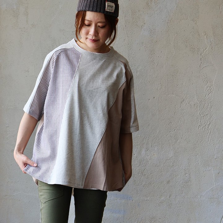 着やせ tシャツ 5分袖 レディース ワイド 異素材切り替え クレイジー 布帛 ストライプ 綿100％ コットン ドライ 夏 パティ (メール便50) | PATY | 02