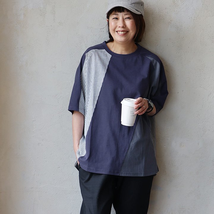 着やせ tシャツ 5分袖 レディース ワイド 異素材切り替え クレイジー 布帛 ストライプ 綿100％ コットン ドライ 夏 パティ (メール便50) | PATY | 03
